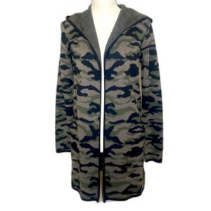 Rachel Zoe Camo Hooded Long Cardigan Women's XS Cotton Blend Pockets Green Black